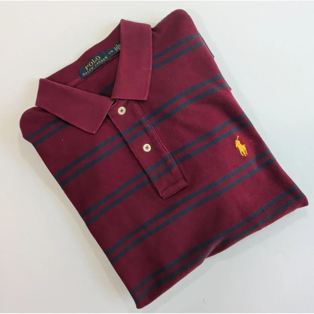Ralph Lauren Polo Shirt Mens Large Maroon Navy Striped Cotton Preppy Campus L